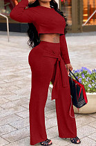 Wine Red Women Trendy Pure Color Round Collar Long Sleeve Crop Bandage Loose Pants Sets JP1053-3