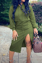 Green Preppy Casual Long Sleeve Drawsting Bandage Slit Hoodie Dress WM21104-1