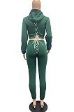 Dark Green Lady Autumn Winter Sexy Casual Crop Hoodie Bandage Zipper Sweater And Velvet Pants Sets JP1056-3