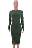 Dark Green Night Club Women's Long Sleeve Round Neck Hollow Out Bodycon Dress YX9043-4