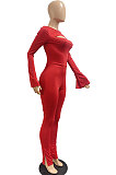 Black Women Solid Color Casual Round Collar Long Sleeve Hollow Out Ruffle Sleeve Split Bodycon Jumpsuits JP1055-1
