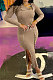 Khaki Ribber New Long Sleeve Double-Breasted Slim Fitting Hem Slit Dress YT3295-4