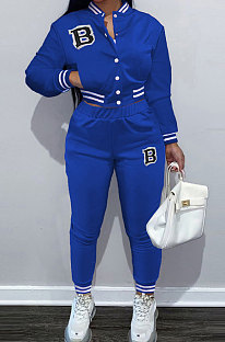 Blue Modest Sports Webbing Spliced Letter Printed Long Sleeve Jaket Coat Skinny Pants Baseball Uniform Sets WM21011-1