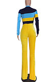 Yellow Women Sexy Velvet Spliced Long Sleeve Zipper Mid Wasit Casual Jumpsuits  ED8532-2