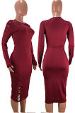 Wine Red Night Club Women's Long Sleeve Round Neck Hollow Out Bodycon Dress YX9043-1