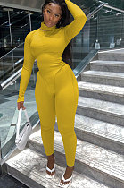 Yellow Women Solid Color High Collar Ribber Irregular Top Pants Sets ED8531-1