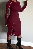 Wine Red Night Club Women's Long Sleeve Round Neck Hollow Out Bodycon Dress YX9043-1