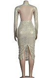 Golden Sexy Euramerican Backless Sequins Bodycon Hip High Waist Midi Dress KA7213-3