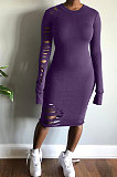 Dark Purple Night Club Women's Long Sleeve Round Neck Hollow Out Bodycon Dress YX9043-3