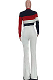 White Women Sexy Velvet Spliced Long Sleeve Zipper Mid Wasit Casual Jumpsuits ED8532-1
