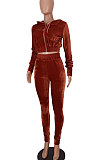 Brown Euramerican Women Pure Color Fashion Pleuche Hoodie Coat Zipper Pants Sets ED8535-2