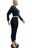 Black Lady Autumn Winter Sexy Casual Crop Hoodie Bandage Zipper Sweater And Velvet Pants Sets JP1056-1