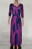 Blue Purple Fashion Luxe Design Printed Half Sleeve Collect Waist Swing For Party Maxi Dress X9330-2