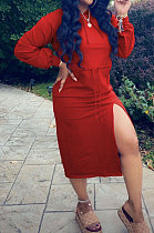 Red Preppy Casual Long Sleeve Drawsting Bandage Slit Hoodie Dress WM21104-3