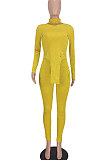 Yellow Women Solid Color High Collar Ribber Irregular Top Pants Sets ED8531-1