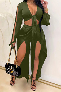 Olive Green Women Sexy Deep V Collar Pure Color High Waist Hollow Out Spliced Pants Sets KA7214-5