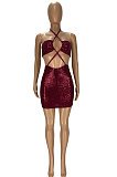 Wine Red Sexy Luxe Sequins Halter Neck Backless Hollow Out Hip Dress YT3293-3