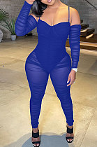 Blue Women Sexy Strapless Condole Belt Solid Color Long Sleeve Perspectivity Bodycon Jumpsuits KA7216-3
