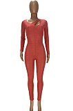 Red Sexy Night Club See-Through Long Sleeve Solid Color Bodycon Jumpsuits YT3292-2