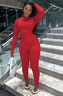 Red Women Solid Color High Collar Ribber Irregular Top Pants Sets ED8531-2