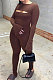 Coffee Women Solid Color Casual Round Collar Long Sleeve Hollow Out Ruffle Sleeve Split Bodycon Jumpsuits JP1055-3