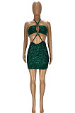 Green Sexy Luxe Sequins Halter Neck Backless Hollow Out Hip Dress YT3293-2