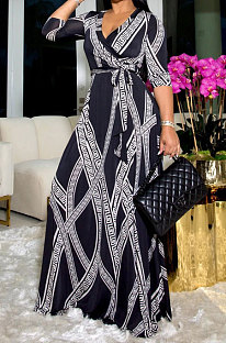 Black White Fashion Luxe Design Printed Half Sleeve Collect Waist Swing For Party Maxi Dress X9330-1