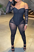 Black Women Sexy Strapless Condole Belt Solid Color Long Sleeve Perspectivity Bodycon Jumpsuits KA7216-1