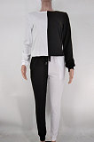 Black White Casual Women's Contarst Color Spliced Long Sleeve T-Shirts Jogger Pants Sets X9331-1