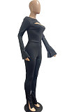 Black Women Solid Color Casual Round Collar Long Sleeve Hollow Out Ruffle Sleeve Split Bodycon Jumpsuits JP1055-1