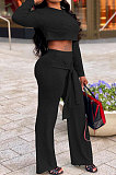 Gray Women Trendy Pure Color Round Collar Long Sleeve Crop Bandage Loose Pants Sets JP1053-2