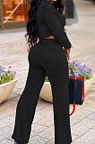 Wine Red Women Trendy Pure Color Round Collar Long Sleeve Crop Bandage Loose Pants Sets JP1053-3