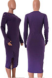 Dark Purple Night Club Women's Long Sleeve Round Neck Hollow Out Bodycon Dress YX9043-3