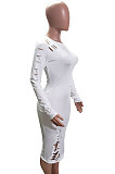 White Night Club Women's Long Sleeve Round Neck Hollow Out Bodycon Dress YX9043-6