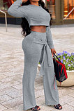 Black Women Trendy Pure Color Round Collar Long Sleeve Crop Bandage Loose Pants Sets JP1053-1