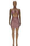 Pink Sexy Luxe Sequins Halter Neck Backless Hollow Out Hip Dress YT3293-1