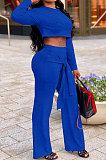 Royal Blue Women Trendy Pure Color Round Collar Long Sleeve Crop Bandage Loose Pants Sets JP1053-4