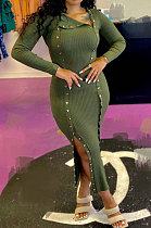 Green Ribber New Long Sleeve Double-Breasted Slim Fitting Hem Slit Dress YT3295-3