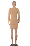 Khaki Women Long Sleeve Casual Solid Color V Collar Tight Mid Waist Mini Dress WMZ2667-4