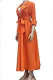 Orange Women Long Sleeve Solid Color Turn-Down Collar Casual Long Waistband T Shirt/Shirt Dress YZ7079 -1