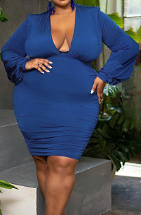 Blue Fat Women;'s Puff Sleeve Deep V Neck Ruffle Slim Fitting Dress JG063-4
