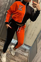 Orange Red Casual Women's Letter Color Matching Long Sleeve Jogger Sports Sets HHM6531-5