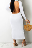 White Women Solid Color Sexy Long Sleeve Backless Round Collar Pullover Elastic Waist Long Dress WMZ2675-2
