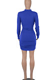 Bright Blue Women Long Sleeve Pure Color Sexy Bandage Strapless Hollow Out Mini Dress WMZ2679-3