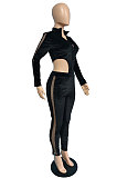 Black Night Club Mesh Spliced Velvet Long Sleeve Skinny Pants Solid Color Sets JG061