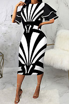White Digital Printed Ruffle Sleeve Round Neck Elegant For Party Wrap Dress SMR10721-1