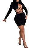 White Women Long Sleeve Pure Color Sexy Bandage Strapless Hollow Out Mini Dress WMZ2679-2