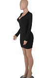 Khaki Women Long Sleeve Casual Solid Color V Collar Tight Mid Waist Mini Dress WMZ2667-4