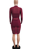Wine Red Euramerican Club Lady Mesh Spaghetti Tank Shorts Round Collar Pullover Ruffle Mini Dress Three Pieces WMZ2482-2