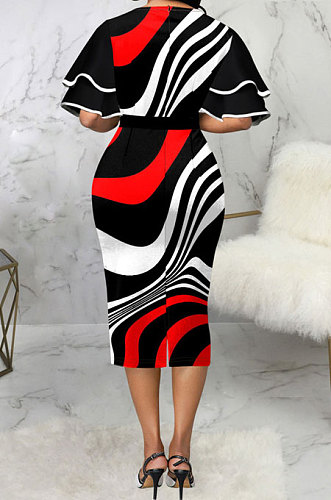 Red Digital Printed Ruffle Sleeve Round Neck Elegant For Party Wrap Dress SMR10721-2